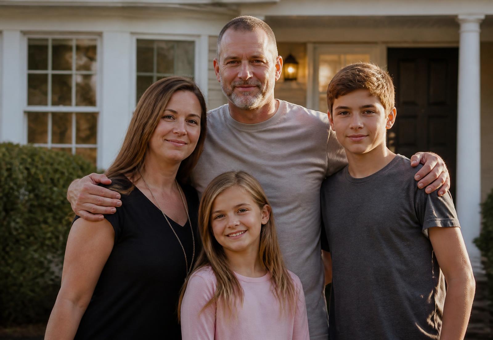 A veteran standing outside his home with his wife and two children